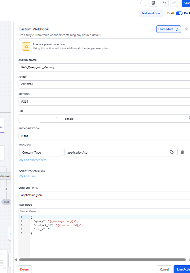 Custom webhook connecting GoHighLevel to the AI microservice